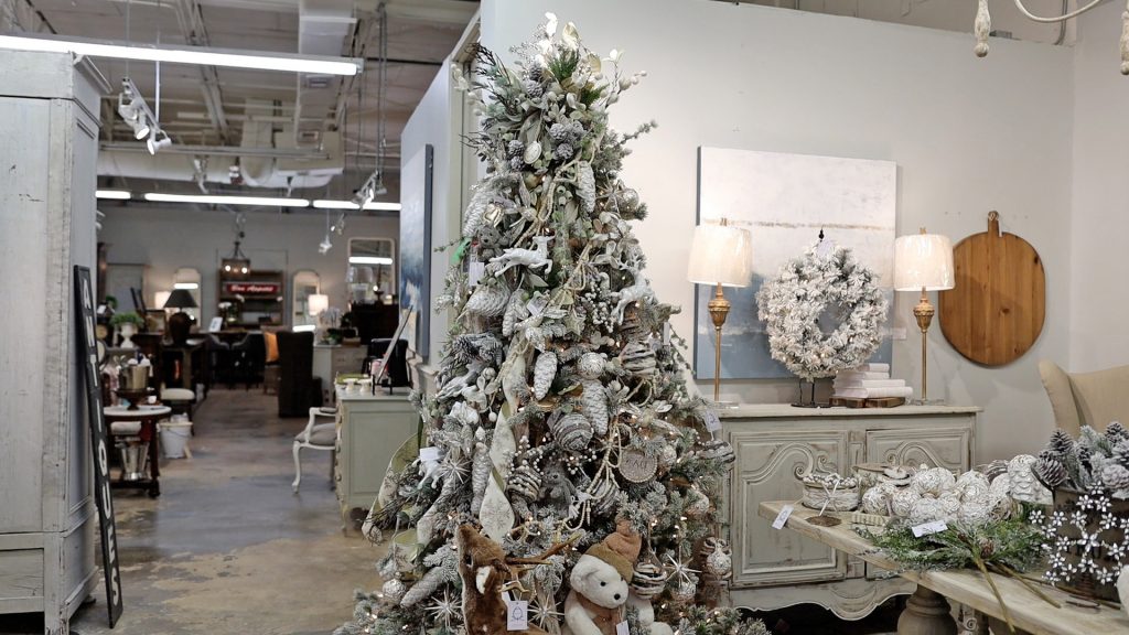 The finished whitewashed French country Christmas tree designed by Amitha Verma, at Village Antiques in Houston, TX.