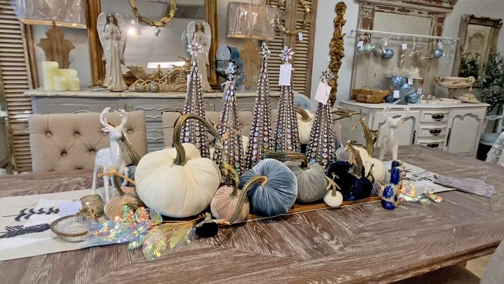 Amitha Verma mixes fall and holiday decor from her shop in Houston, Village Antiques, to create what she calls a falliday tablescape.