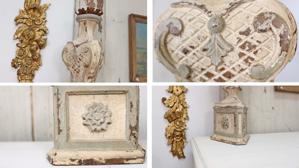 Close up details of French country decor chippy rustic candlesticks at Village Antiques, styled by Amitha Verma.