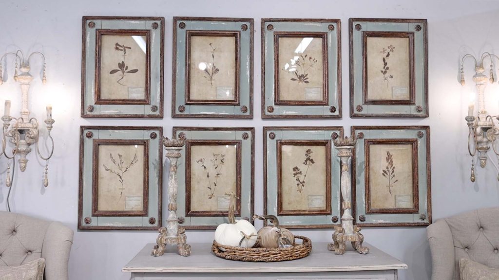 Gallery wall at Village Antiques of pressed leaves and florals that have been dried and then framed under glass called herbiers. Styled by Amitha Verma.