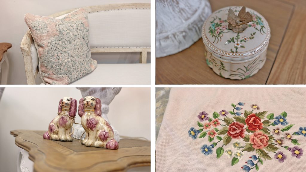 To create a romantic farmhouse Valentine’s day design using decor, Amitha Verma adds blush toned pillows onto seating areas, lavender colored trinket boxes on side tables, porcelain staffordshire dogs, and floral vintage needlepoint rugs.