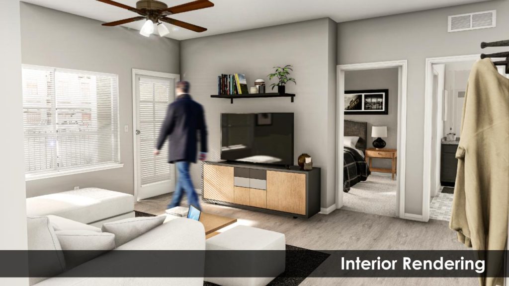 Interior rendering for a modern farmhouse apartment makeover, by Amitha Verma.