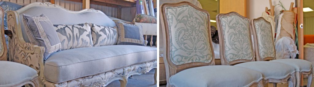 Amitha Verma upholstery and Chalk Finish Paint makeovers that she completed for a client on a settee and dining chairs.