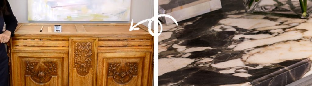 Before Amitha Verma gave her buffet table a chalk finish paint makeover, the natural wood was not in good shape, but it had a beautiful marble stone top that inspired the colors for the transformation.