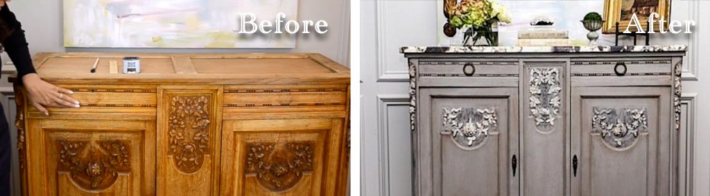 A chalk finish paint before and after makeover of an antique buffet designed by Amitha Verma.