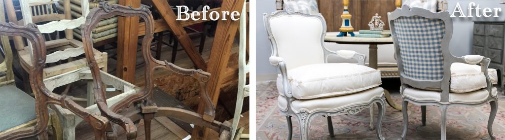 A before and after of Amitha Verma’s antique desk upholstery and chair chalk finish paint makeover.