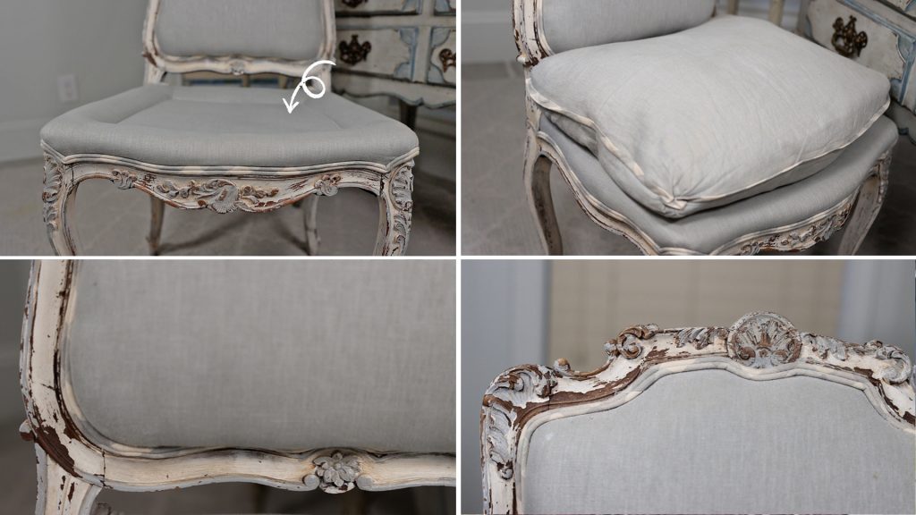 After the chalk finish paint makeover of her antique desk chair, Amitha Verma strengthened her seat deck with cushion and a soft blue, gray linen fabric.