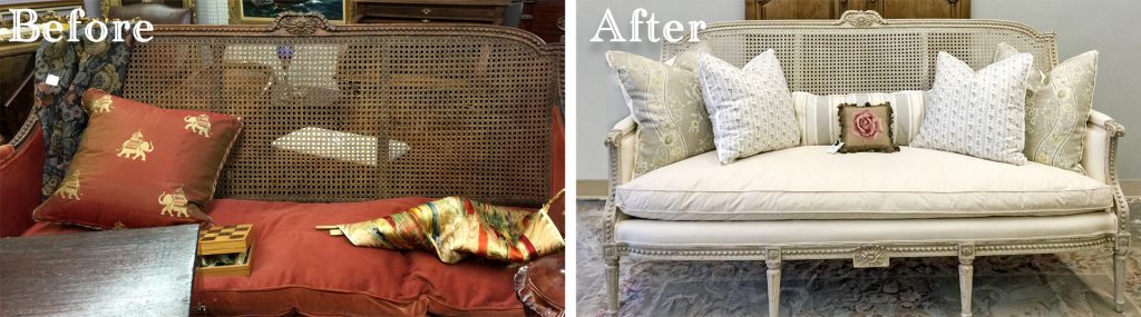 Before and after of an Amitha Verma chalk finish paint makeover and upholstery project on an antique cane back sofa.