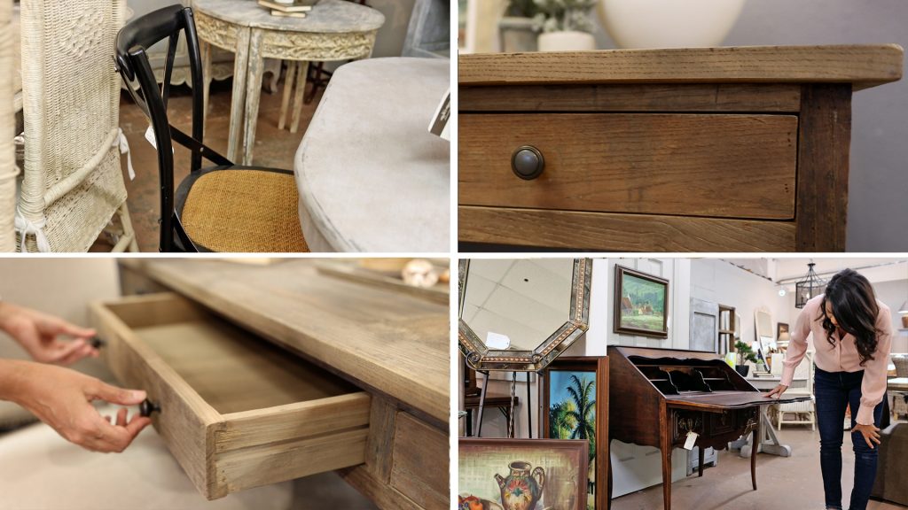 Amitha Verma uses dark natural wood chest of drawers’, desks, and chairs as everyday French country decor, no matter the season. She finds these pieces at her Houston shop, Village Antiques.
