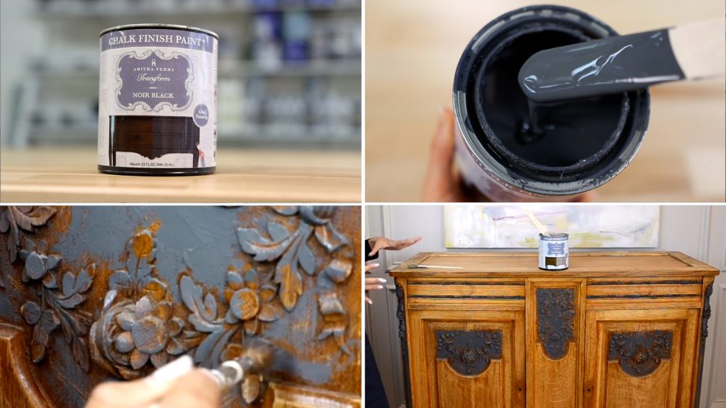 Amitha Verma started her antique buffet chalk finish paint makeover with Noir Black chalk finish paint on the bottom coat and some of the carvings on the front of the buffet.