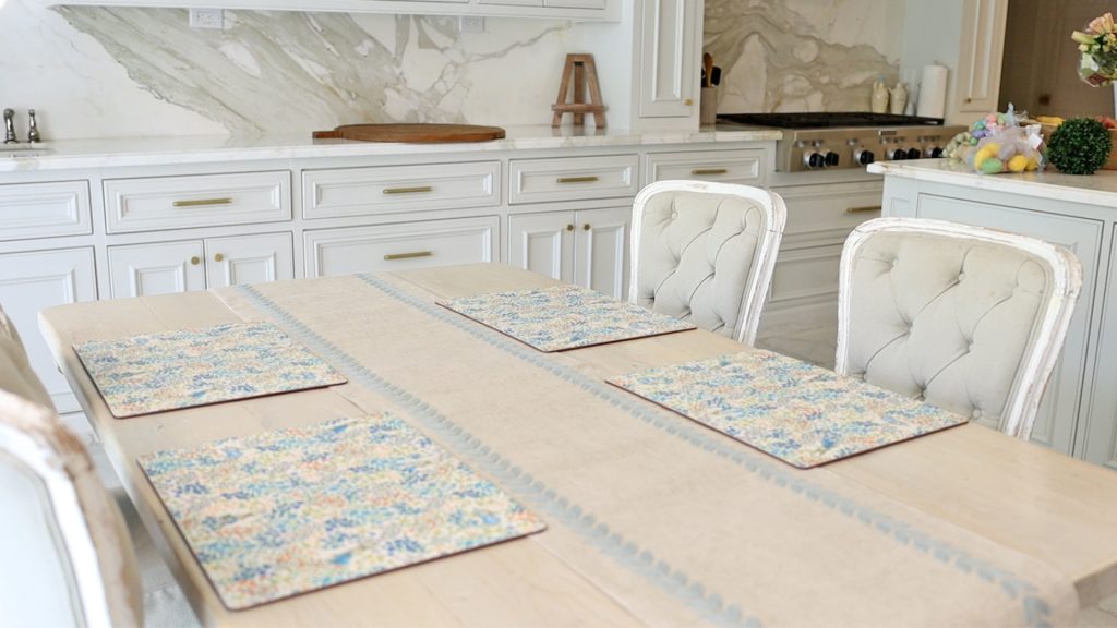 Full view of placemats and a linen table runner on Amitha Verma’s spring breakfast table.