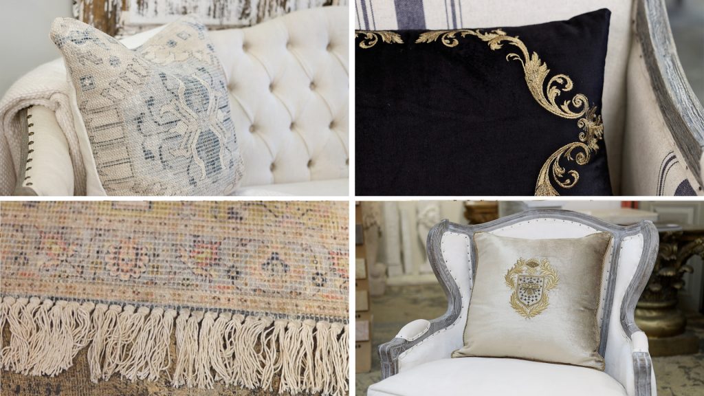 Village Antiques carries black and gold velvet throw pillows, highly textured tapestry rugs, and oushak style couch pillows designed by Amitha Verma.