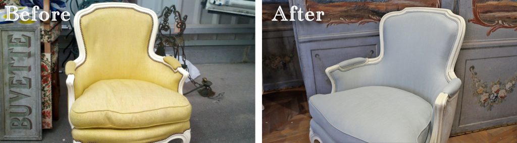 A dramatic before and after of an Amitha Verma chair upholstery makeover from yellow to French blue. 