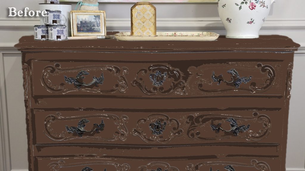 Before Amitha Verma completed her chest of drawers chalk finish paint makeover, it was a muddy brown color with texture along the wood.