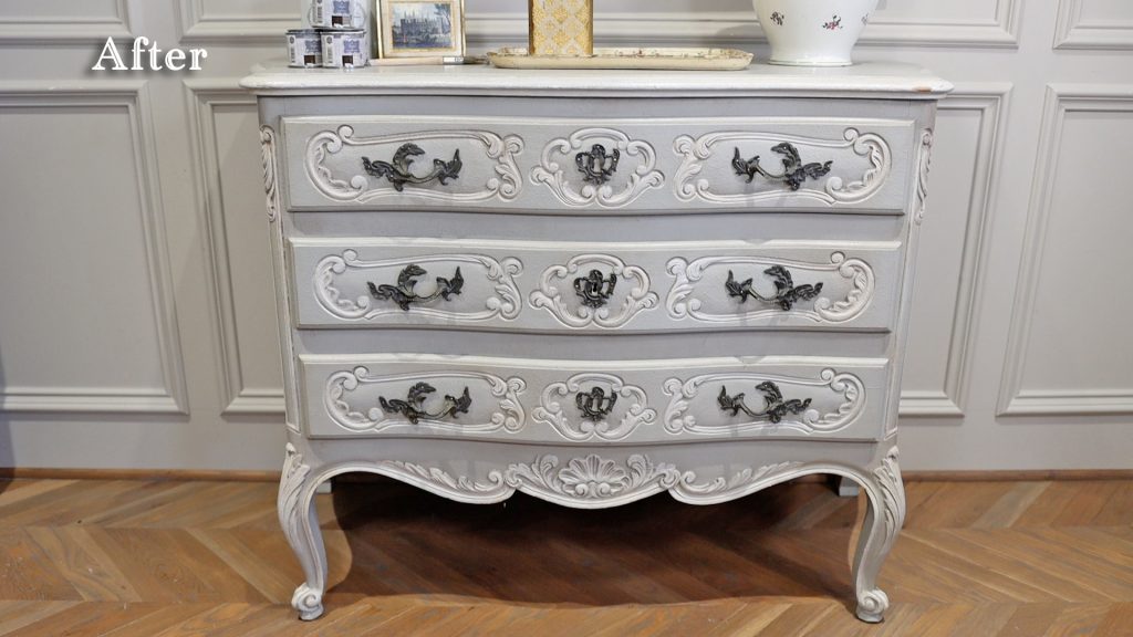 The finished chest of drawers chalk finish paint makeover by Amitha Verma includes French gray, Belgian blue, protect clear sealer and enhanced antiquing glaze.