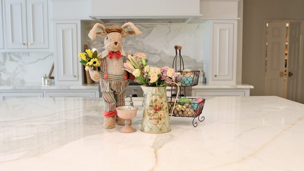 The final French country Farmhouse Easter kitchen island centerpiece styled and designed by Amitha Verma.