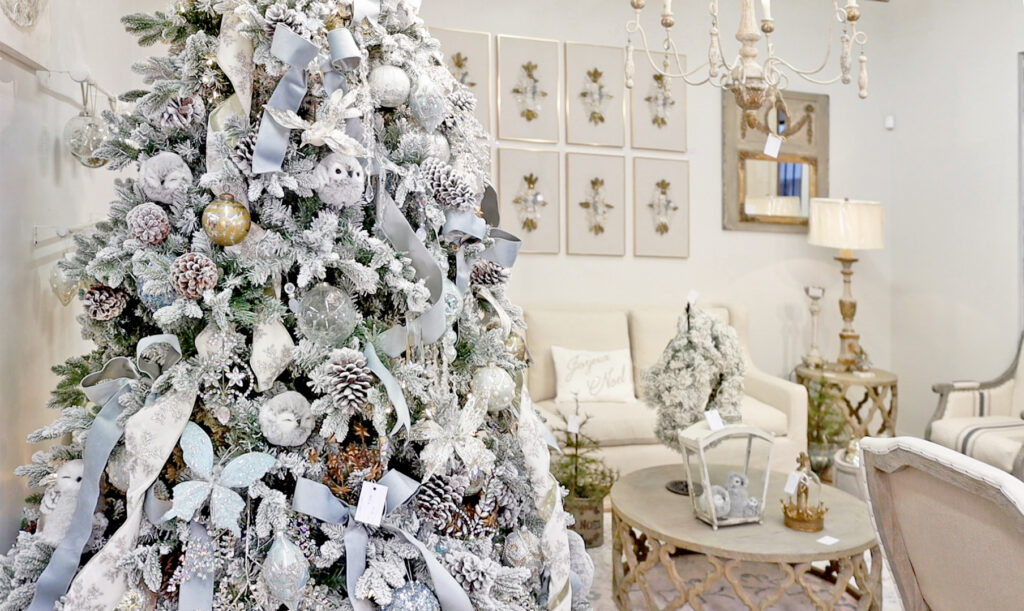 Amitha Verma made a big color commitment on her French blue tree by bringing in a variety of vintage blue, soft blue tones, on the ornaments and decor of the tree.